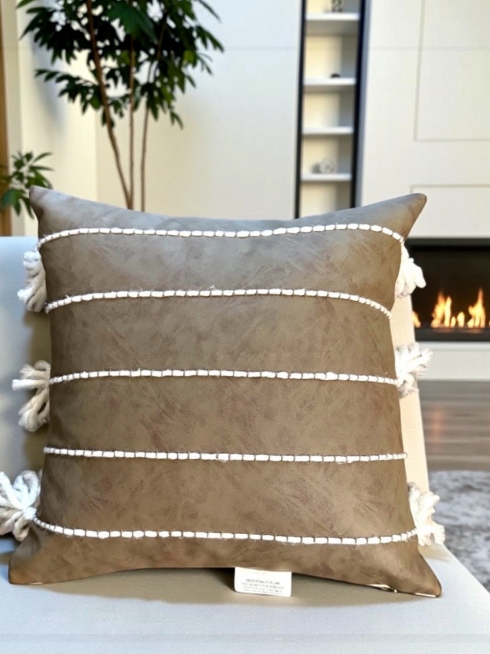 VILLA by CLASSIC HOME Vegan Leather Fringe Pillow Duck Feather Insert 18x18